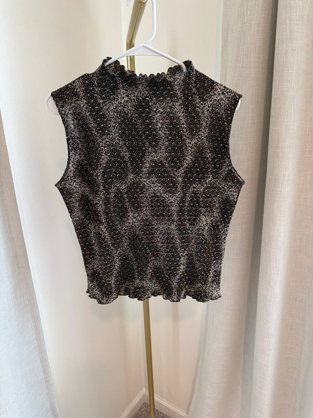 Jaipur Plisse Blouse Top Women's Size XL Brown Animal Print Mock Neck Sleeveless